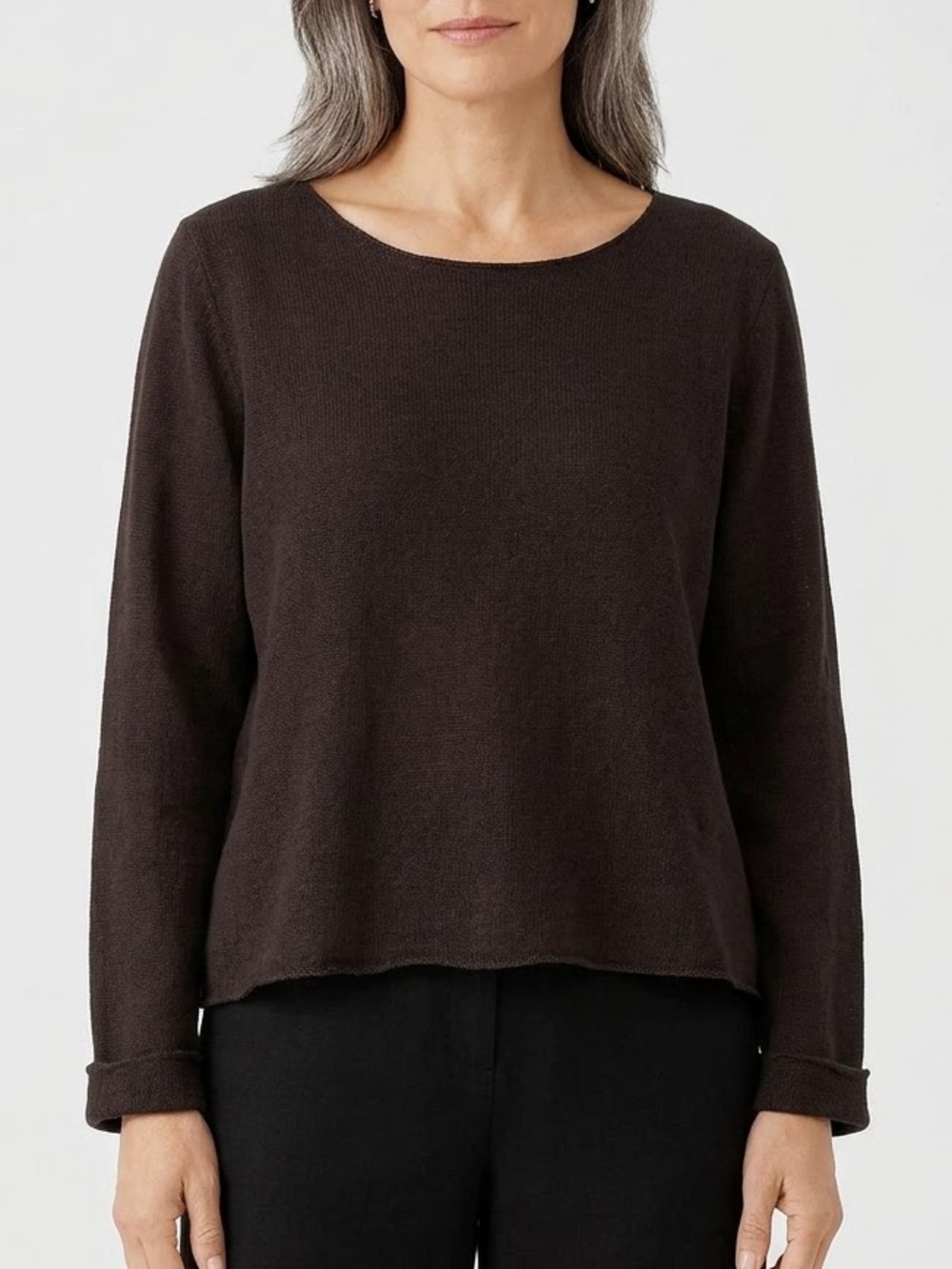 Eileen Fisher 100% Linen Sweater Size XL Dark Espresso Brown Scoop Neck Knit